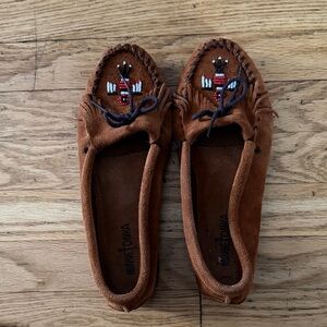 Minnetonka Brown Moccasins with Embroidered Design